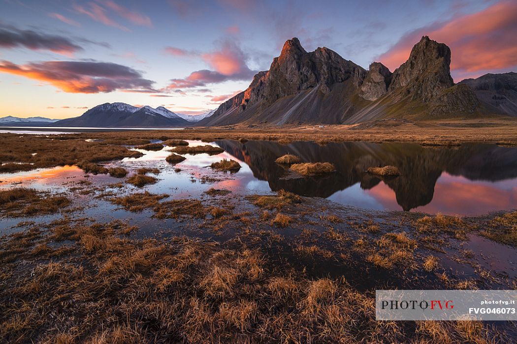 Eystrahorn mountain reflected on the water, south west of Iceland, Europe